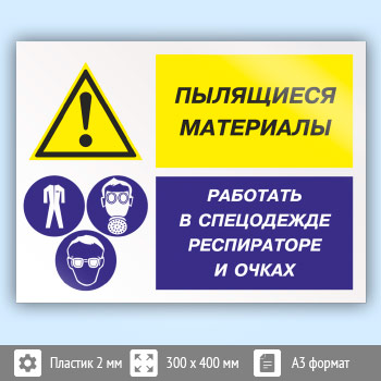 Знак «Пылящиеся материалы - работать в спецодежде, респираторе и очках», КЗ-79 (пластик, 400х300 мм)